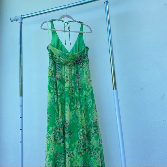 Y2K Sue Wong 100% Silk Green Gold Metallic Halter Maxi Dress Size 12 - Picture 7 of 8